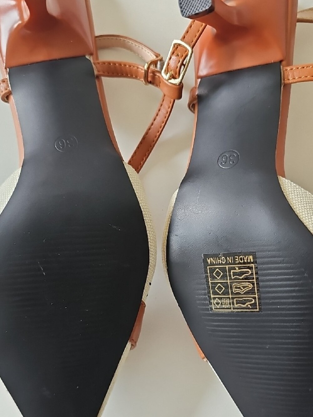 Embroidered Cream Slingback Heels with Brown Trim and Gold Chain One Inch Heel - Picture 3 of 4